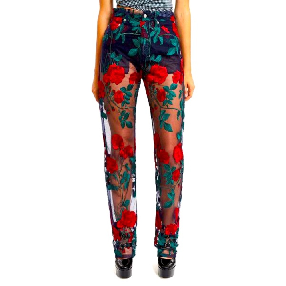 Sheer Rose Embroidered Mesh Pants Trousers Pretty Little Thing NWT